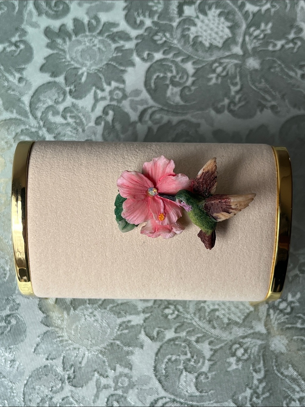 Hummingbird & Hibiscus Brooch Hand-Painted Bisque Porcelain - Picture 2 of 5